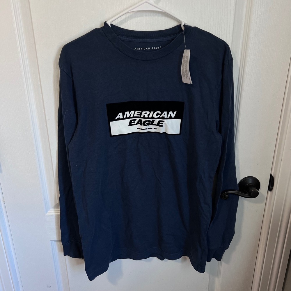 American Eagle Mens Long Sleeve Graphic T-Shirt Navy Blue Small 1182-4845-410